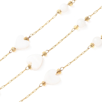 304 Цепи из нержавеющей стали и натуральных ракушек с круглыми бусинами и сердечками, ионное покрытие (ip), пайки, с катушкой