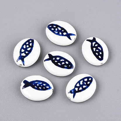 Handmade Porcelain Beads, Hand Painted Ceramic Beads, Famille Rose Porcelain, Oval & Fish
