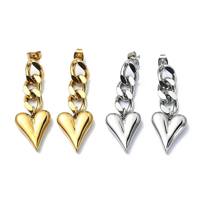 304 Stainless Steel Heart Dangle Stud Earrings, Curb Chains Drop Earrings