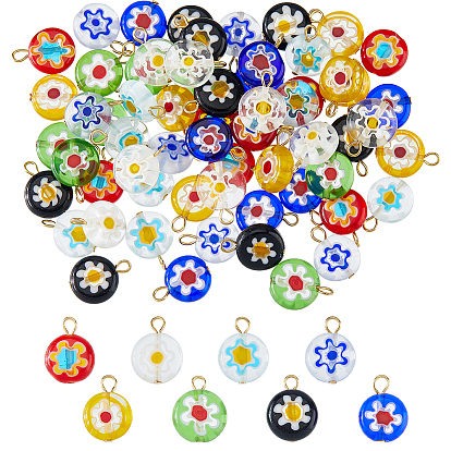 64шт. подвески из стекла миллефиори ручной работы, плоско-круглые, с 304 петлей из нержавеющей стали