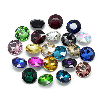 Pointed Back Glass Rhinestone Cabochons, Back Plated, Faceted, Flat Round