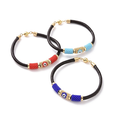 Japanese Seed Column with Evil Eye Beaded Bracelet with Cowhide Cords for Women