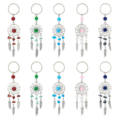 10 шт. 5 стили плетеные паутинки с перьевым сплавом и натуральными драгоценными камнями и стеклянными семенами брелоки, с железными застежками для ключей