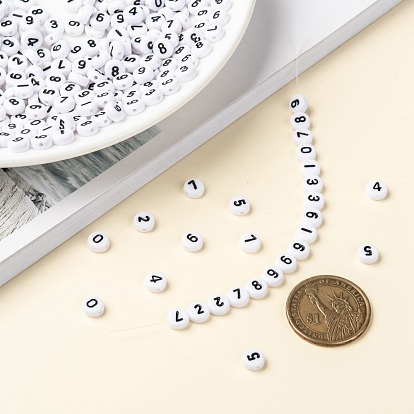 Flat Round Acrylic Beads, Number , 7x4mm, Hole: 1.2mm, about 3500pcs/500g