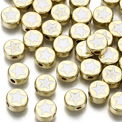 Alloy Enamel Beads, Cadmium Free & Lead Free, Flat Round with Star, Light Gold
