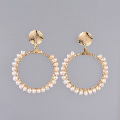 Dangle Stud Earrings, with Natural Pearl, Copper Wire, 304 Stainless Steel Pendants, Brass Ear Stud Findings and Ear Nuts, Ring