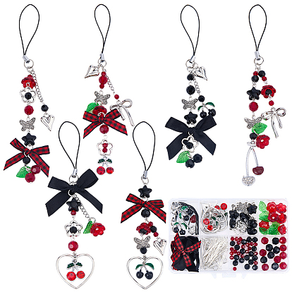 Наборы для самостоятельного изготовления ремешков для мобильных телефонов из полиэстера с вишневым рисунком, включая бант из полиэстера, латунный штифт, соединительные кольца и цепочка, акриловые, сплавные и стеклянные подвески, стеклянные, сплавные и акриловые бусины