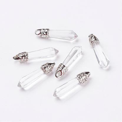 Glass Pointed Pendants, with Platinum Tone Alloy Findings, Bullet