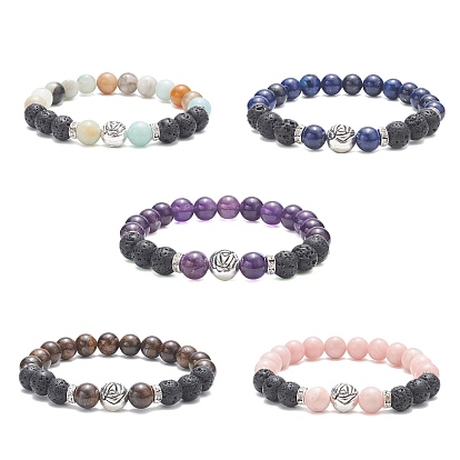 Эластичные браслеты из натуральной лавы, смешанных драгоценных камней и сплава с розовыми бусинами