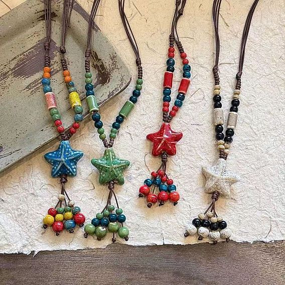 Bohemian Handmade Porcelain Star Pendant Adjustable Imitation Leather Cord Long Necklaces for Women