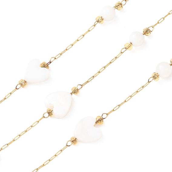 304 Цепи из нержавеющей стали и натуральных ракушек с круглыми бусинами и сердечками, ионное покрытие (ip), пайки, с катушкой