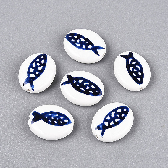 Handmade Porcelain Beads, Hand Painted Ceramic Beads, Famille Rose Porcelain, Oval & Fish
