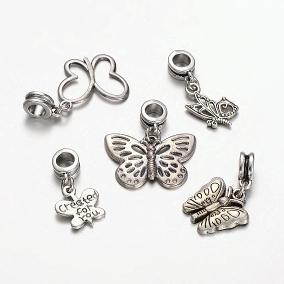 Mixed Tibetan Style Alloy  Butterfly European Dangle Charms, Large Hole Pendants, 24~33x13~25mm, Hole: 5mm