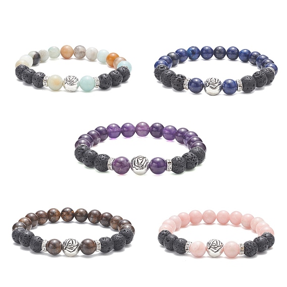 Эластичные браслеты из натуральной лавы, смешанных драгоценных камней и сплава с розовыми бусинами