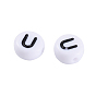 Opaque Acrylic Beads, Horizontal Hole, Flat Round, Alphabet Style, White