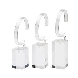 3Pcs 3 Sizes C Shaped Organic Glass Single Bracelet Display Stands Set, with Rectangle Base