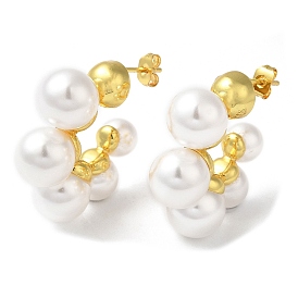 Plastic Imitation Pearl Beaded Round Stud Earrings, Rack Plating Brass Half Hoop Earrings