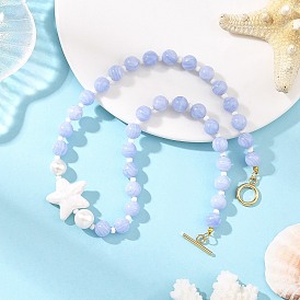 Ocean Handmade Porcelain Starfish & Natural Dyed Blue Lace Agate Round Beaded Necklaces with Brass OT Clasps for Women, Golden