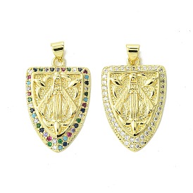 Real 18K Gold Plated Brass Micro Pave Cubic Zirconia Pendants, Shield with Virgin