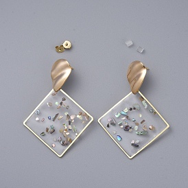 Epoxy Resin Dangle Earrings, with Brass Ear Stud Findings and Ear Nuts, Rhombus, Real 18K Gold Plated