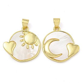 Rack Plating Brass Pave Shell Flat Round Heart Pendants, Real 18K Gold Plated, Lead Free & Cadmium Free, Long-Lasting Plated