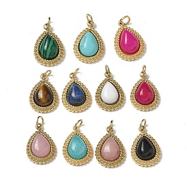 Ion Plating(IP) 304 Stainless Steel with Natural & Synthetic Gemstone Pendants, Real 14K Gold Plated, Mixed Dyed and Undyed, Teardrop Charm