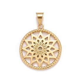 Ion Plating(IP) 304 Stainless Steel Pendants, Flat Round with Flower Charms