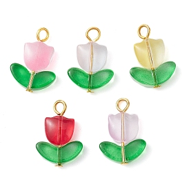 Glass Pendants, with Golden Tone Iron Loops, Tulip Charm