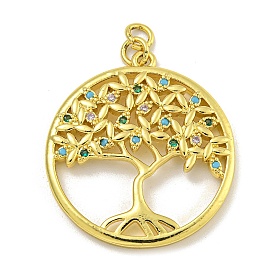 Rack Plating Brass Micro Pave Cubic Zirconia Pendants, Long-Lasting Plated, Cadmium Free & Lead Free, Round with Tree