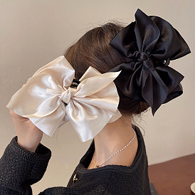 Chic Black Satin Bow Hair Clip for Women - Elegant French Style Barrette with Shark Teeth Grip