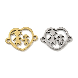 Mother's Day 201 Stainless Steel Hollow Connector Charms, Heart Links with Mother & Daughter