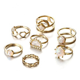 Geometric Hollow Alloy 7-Piece Ring Set with Imitation Gemstones - Fashionable European and American Jewelry Collection