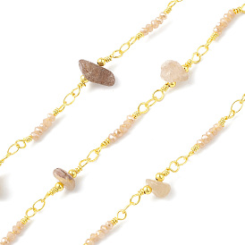 Brass Link Chains, with Glass & Rutilated Quartz Beads & Spool, Unwelded