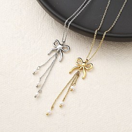 Ионное покрытие (ip) 304 ожерелье с подвеской из нержавеющей стали, с ABS имитации жемчуга, бантом