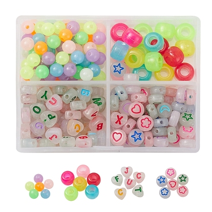 4 Style Luminous Acrylic & Plastic Beads, Horizontal Hole, Round & Rondelle & Heart & Flat Round