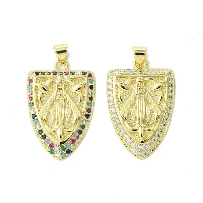 Mother's Day Real 18K Gold Plated Brass Micro Pave Cubic Zirconia Pendants, Cadmium Free & Nickel Free & Lead Free, Shield with Virgin