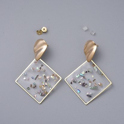 Epoxy Resin Dangle Earrings, with Brass Ear Stud Findings and Ear Nuts, Rhombus, Real 18K Gold Plated