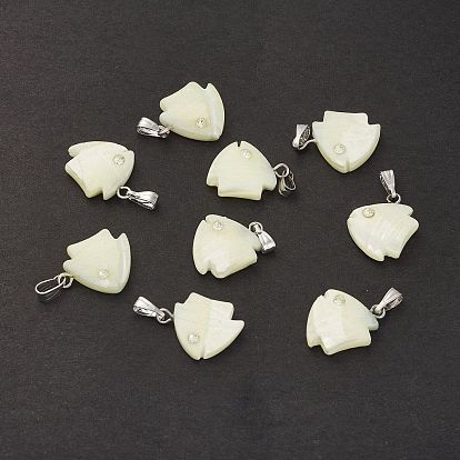 Natural Trochid Shell/Trochus Shell Pendants, Fish Charms, with Crystal Rhinestone and Platinum Tone Iron Findings