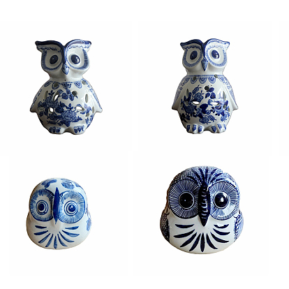 Handmade Blue and White Porcelain Candle Holders, Animal Decor, Owl Pattern
