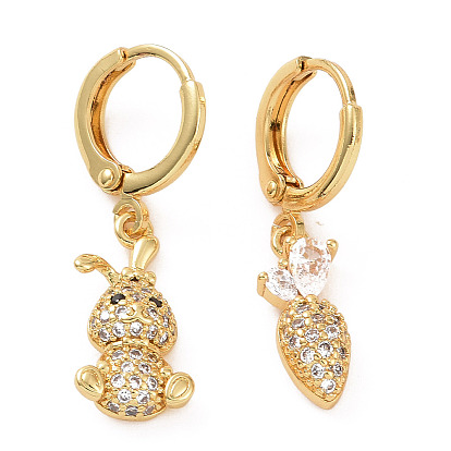 Clear Cubic Zirconia Rabbit & Carrot Asymmetrical Earrings, Brass Dangle Hoop Earrings for Women