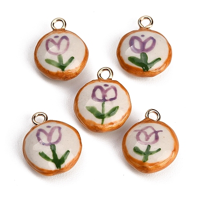 Handmade Porcelain with Brass Pendants, Round with Tulip Charms, Hand Painted, Famille Rose Porcelain, Golden