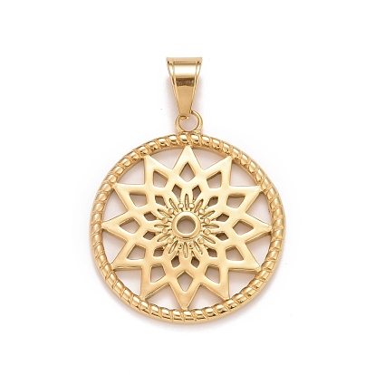 Ion Plating(IP) 304 Stainless Steel Pendants, Flat Round with Flower Charms