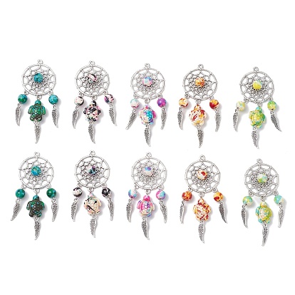 Тканая сетка / паутина с подвесками из перьевого сплава, с подвесками из синтетических бирюзовых бусин