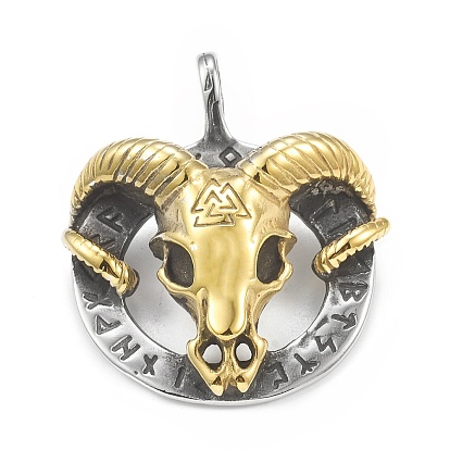 Ion Plating(IP) 304 Stainless Steel Pendants, Sheep with Valknut & Rune Pattern