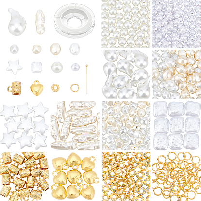 Kits para hacer pulseras y collares de perlas de imitación, incluyendo abs y acrílico redondo y ovalado y pepitas y estrella y cuentas cuadradas, encantos de la aleación del corazón