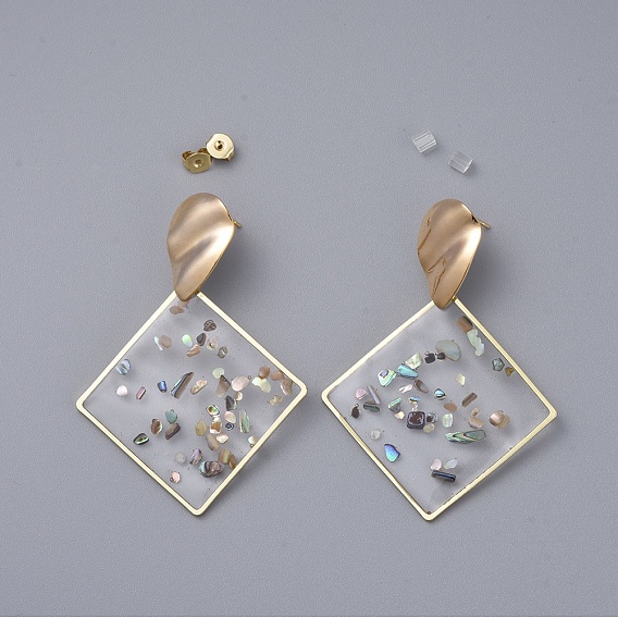 Epoxy Resin Dangle Earrings, with Brass Ear Stud Findings and Ear Nuts, Rhombus, Real 18K Gold Plated