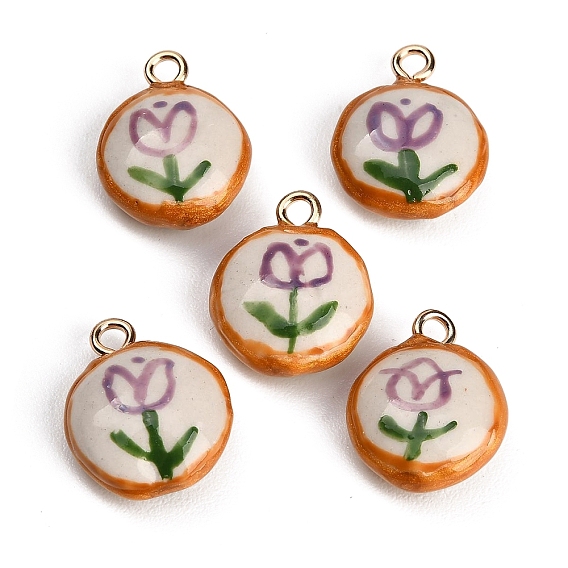 Handmade Porcelain with Brass Pendants, Round with Tulip Charms, Hand Painted, Famille Rose Porcelain, Golden