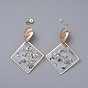 Epoxy Resin Dangle Earrings, with Brass Ear Stud Findings and Ear Nuts, Rhombus, Real 18K Gold Plated
