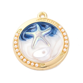 Подвески из эмали и сплава, с ABS имитации жемчуга, без кадмия, без никеля и без свинца, стойки покрытие, плоский фон с подвеской в виде морской звезды, золотые