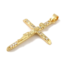 Rack Plating Brass Micro Pave Clear Cubic Zirconia Pendants, Cadmium Free & Lead Free, Long-Lasting Plated, Cross
